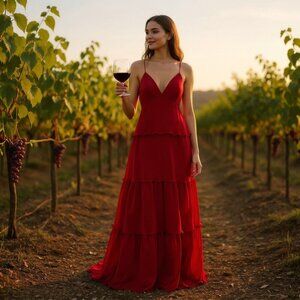 NWT NEW Mac Duggal  Red Spaghetti Strap Ruffle Layered Maxi Dress Gown Size 6